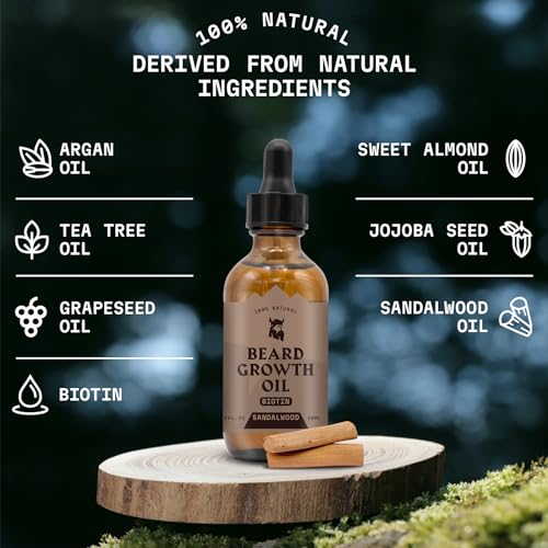 Striking Viking Beard Growth Oil with Biotin - 2 Fl Oz, 1 Pack, Sandalwood - Thickening, Conditioning Biotin Beard Growth Serum for Men with Argan & Jojoba Oil - Facial Hair Serum for Men