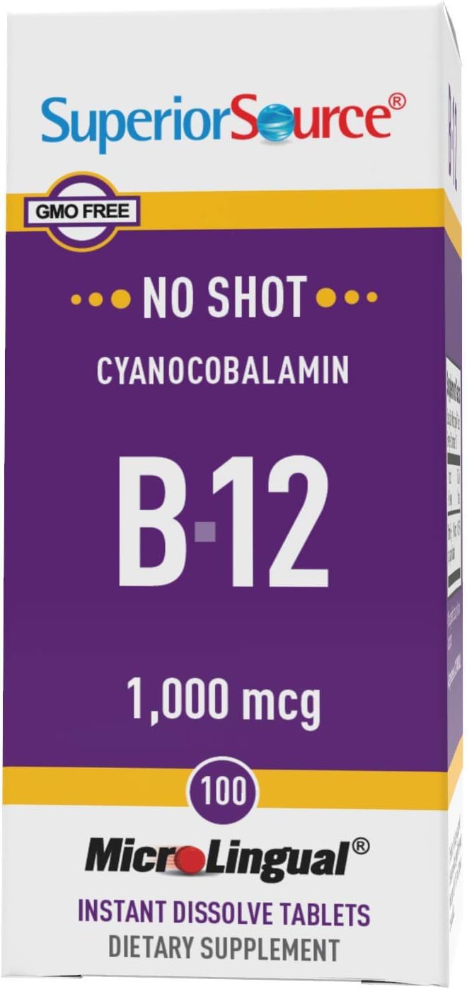 Superior Source No Shot Vitamin B-12 Cyanocobalamin 1000 mcg - Vitamin B-12 to Support Energy Production, Brain Health & Overall Wellness - Sublingual Tablets - 100 Dissolvable Tablets (Pack of 2)
