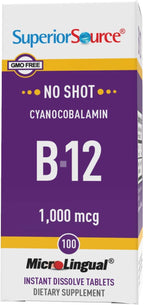 Superior Source No Shot Vitamin B-12 Cyanocobalamin 1000 mcg - Vitamin B-12 to Support Energy Production, Brain Health & Overall Wellness - Sublingual Tablets - 100 Dissolvable Tablets (Pack of 2)