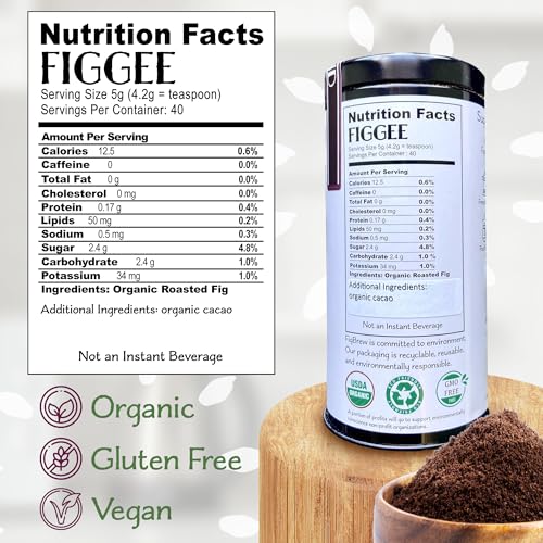 FigBrew Organic Roasted Cacao and Fig Coffee Alternative - Low Acid, Caffeine-Free, Gluten-Free, Vegan, Keto-Friendly Pure Blend - Natural Daily Energy Boost, 40 Cup Tin