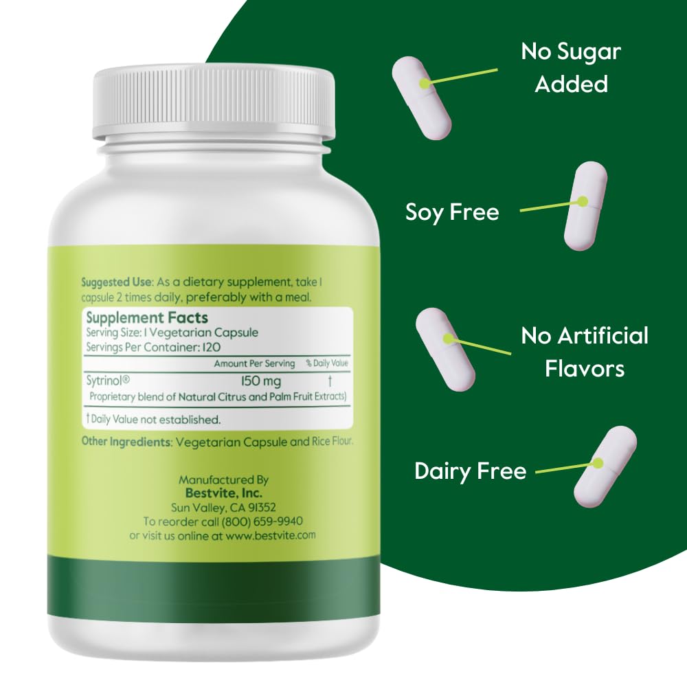 BESTVITE Sytrinol 150mg (120 Vegetarian Capsules) - Patented Blend of Natural Citrus and Palm Fruit extracts - No Stearates - Vegan - Non GMO - Gluten Free