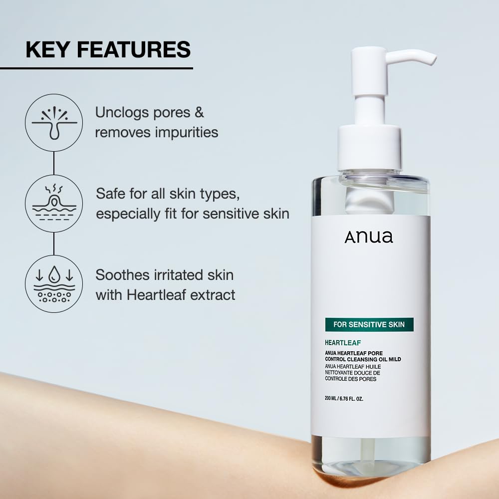 ANUA Heartleaf Pore Cleansing Oil MILD, Sensitive Skin Face Wash, Oil Cleanser for Face, Makeup Blackhead Remover, Korean Skin Care, Non-Comedogenic, Fragrance Free, 6.76 fl oz (Pack of 2)