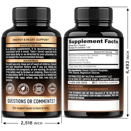 Ceylon Cinnamon Capsules - Extra Strength - Energy, Heart & Metabolism Support - for Men & Women - Pure Natural Extract 20:1 Supplement - Made in USA - GMO & Gluten Free, 120 Capsules, 4 Month Supply