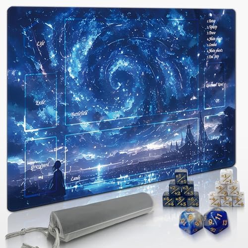 MTG Playmat TCG Playmat -Includes Storage Bag and 14 Dice-Experience Top-Tier Quality and Edge-Locking Waterproof and Non-Slip Mat! (playmat with, Starry Sky)