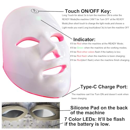 Red Light Therapy Mask for Face, Blue Red LED Light Therapy Device, 7+1 Colors LED Facial Skin Care Mask At Home, USB Rechargeable,Portable