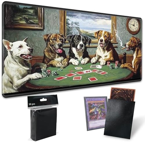 Playmats for Magic: The Gathering MTG Card Game Mat Plus 50 Pcs Card Sleeves, 24 x 14 inch TCG Mat with Stitched Edge for Commander Deck Duskmourn Board Game, Dogs Play Poker