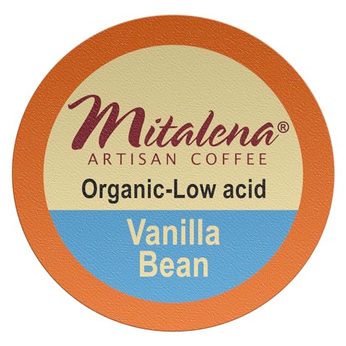 Mitalena Vanilla Bean Low Acid Coffee Pods - Medium Roast Flavored Coffee for Keurig K-cup Brewer - Avoid Heartburn and Acid Reflux - 12 cups