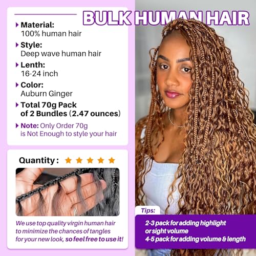 Human Braiding Hair for Boho Braids, Deep Wave Bulk Boho Braids Human Hair for Boho Knotless Braids Curly Bohemian Water Wave Braiding 70g 20 Inch Auburn Ginger (2 No Weft Bundles/Pack)