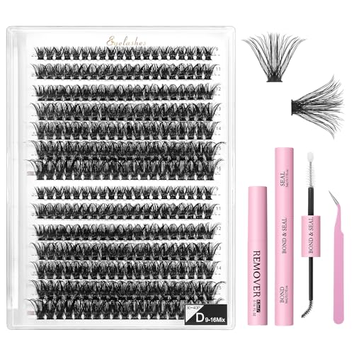 DIY Lash Extension Kit Volume Lash Clusters 60D+80D D Curl Individual Lashes Lash Clusters Kit Thick Eyelash Extension Kit 280 pcs Thin Band Cluster Lashes Lash Bond and Seal Lash Tweezers