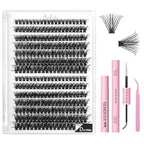 DIY Lash Extension Kit Volume Lash Clusters 60D+80D D Curl Individual Lashes Lash Clusters Kit Thick Eyelash Extension Kit 280 pcs Thin Band Cluster Lashes Lash Bond and Seal Lash Tweezers