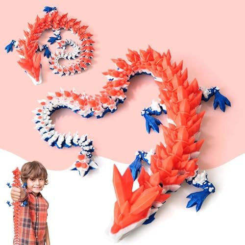 Large 3D Printed Dragon,24 Inch 3D Dragon Toys,Bigger Fidget Crystal Animals Toys, 3D Printed Articulated Animals for Home Office Car Desk Decor (Red White Blue, 24 inch)