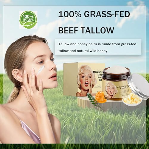 Whipped Beef Tallow and Honey Balm, Grass-Fed Beef Tallow & Raw Wild Honey Blend Moisturizer, 3.5oz, Tallow Face Moisturizer Body & Face Moisturizer Infuses the Body with Honey To Moisturize the Skin