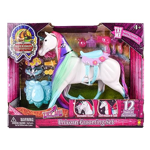 Sunny Days Entertainment Blue Ribbon Champions Fantasy Unicorn Grooming Set, Fantasy Toy Horse with Sounds and 12 Accessories, 4+