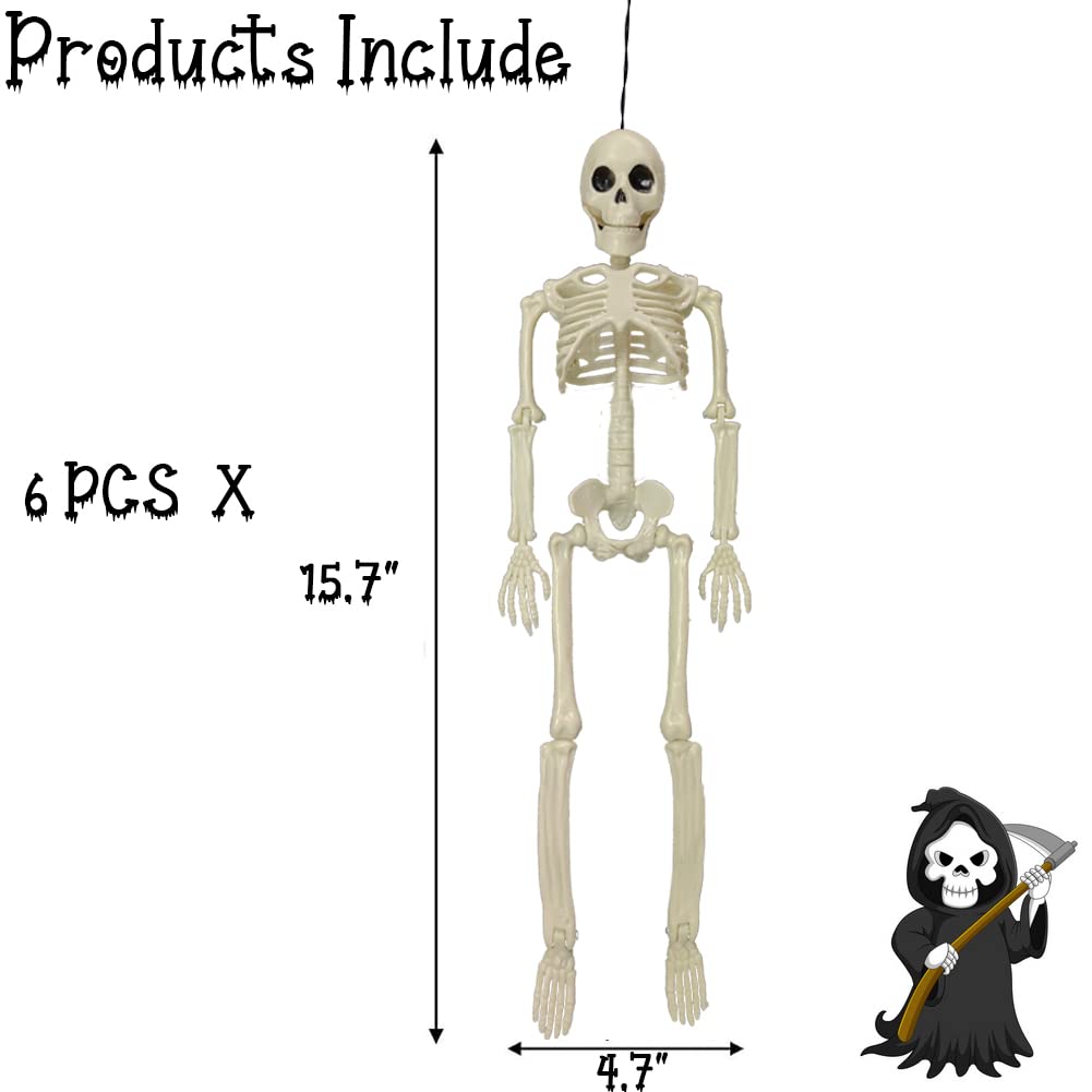 6PCS Skeleton Halloween Decorations, 16in Full Body Poseable Small Skeleton
