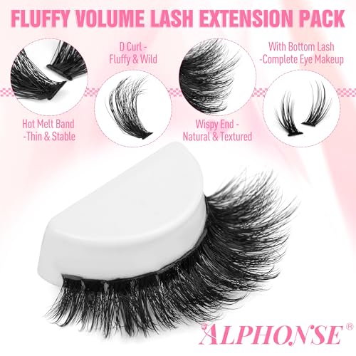 Fluffy Lash Clusters Kit with Bottom Lashes 320pcs Cluster Eyelash Extensions Kit Volume Individual Lashes Kit with Lash Bond and Seal Tweezers by ALPHONSE (150D+200D, 12-20mm)