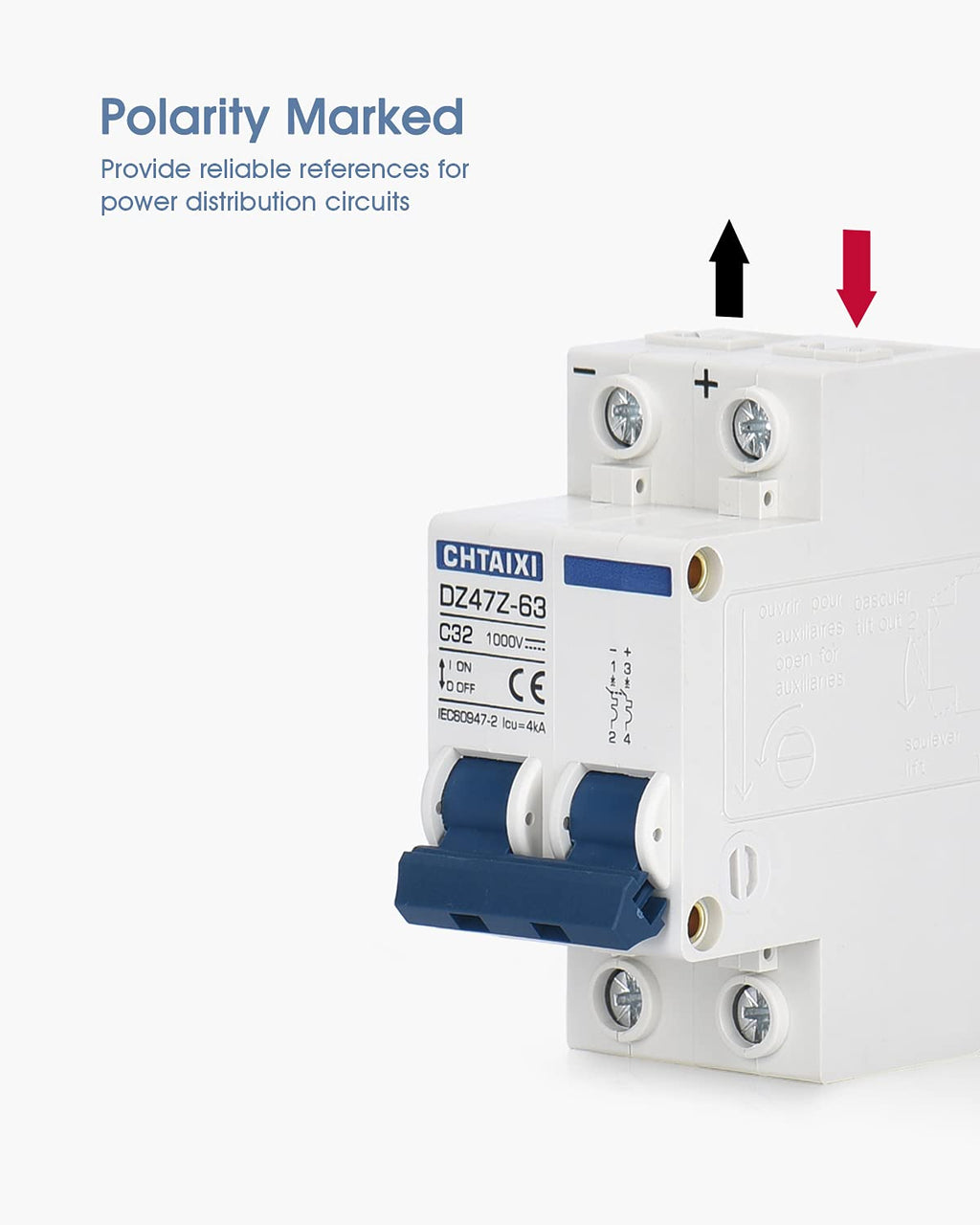 CHTAIXI DC Miniature Circuit Breaker, 2 Pole 1000V 32 Amp Isolator for Solar PV System, Thermal Magnetic Trip, DIN Rail Mount, Chtaixi DC Disconnect Switch C32