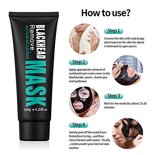 Peel Off Face Mask Blackhead Whiteheads Remover Masks Activated Charcoal Black Mask Purifying Peeling Facial Mask for Nose Pores Removal Reducing Cleansing Acne with Brush and Pimple Extractor Tools