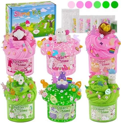 LAWOHO 6 Packs Bunny Pink Slime Kit -Cloud Clear Butter Slimes with Easter Charms & Add-ins, Soft Fluffy Slimes Kits for Girls & Boys, 360ml Pink & Green Easter Slime Making Kit Party Favor for Kids