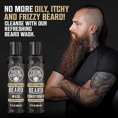 Viking Revolution Beard Wash and Beard Conditioner for Men with Argan Oil and Jojoba Oil - Beard Softener and Strengthener Beard Care Beard Shampoo and Conditioner with Beard Oil (5oz, Spiced Vanilla)
