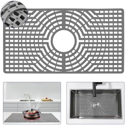 Silicone Sink Protector 28"x15" Center Drain Hole, Heat Resistant Non-slip Dishwasher Suitable, Large Mat for Bottom of Farmhouse Kitchen Stainless Steel Sink(Grey)
