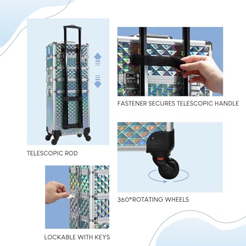 Stagiant Rolling Makeup Train Case Large Storage Cosmetic Trolley 4 in 1 Large Capacity Trolley Makeup Travel Case with Key Swivel Wheels Salon Barber Case Traveling Cart Trunk