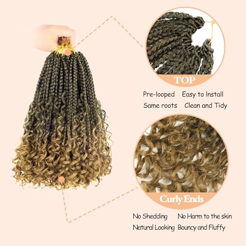 8 Pack Boho Box Crochet Braids Pre Looped with Curly Ends Ombre Blonde - 8 Inch Goddess Bohemian Box Braids Crochet Hair for Black Women Synthetic 3X Boho Crochet Hair Extensions Pre Looped T27