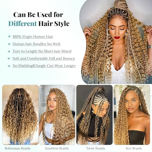 Human Braiding Hair for Boho Braids Human Hair Braiding Hair 100g 24 Inch Curly Boho Hair for Braiding Knotless Water Wave Bulk Human Hair for Braiding 2 Bundles/Pack Honey Blonde Human Hair Bulk