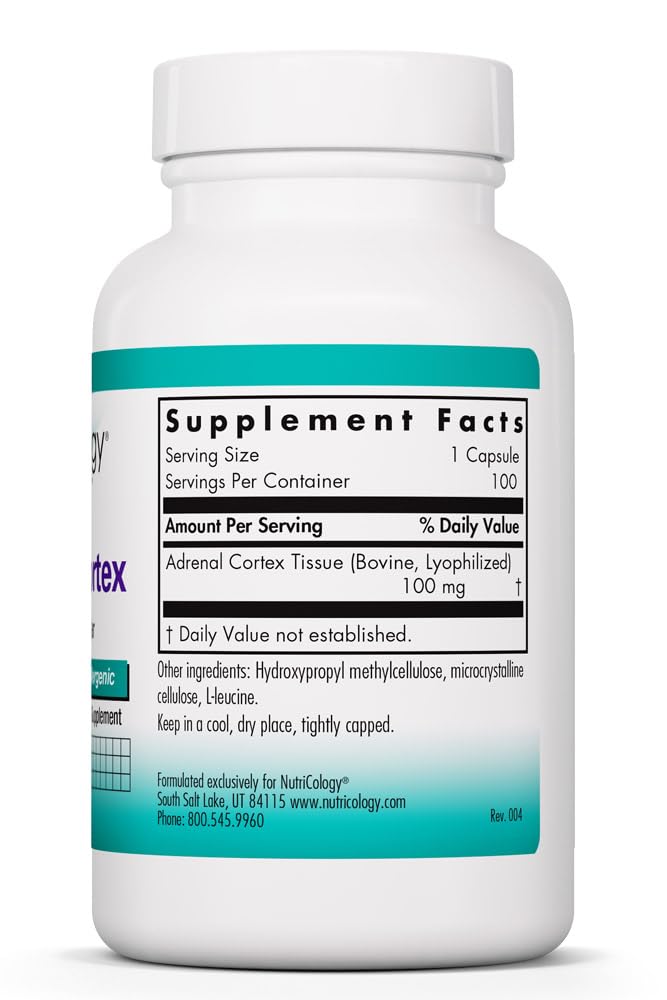 NutriCology Adrenal Cortex - Bovine Glandular Supplement 100 mg - Lyophilized Adrenal Cortex Extract - Endocrine & Adrenal Support - Hypoallergenic - 100 Servings - 100 Vegicaps