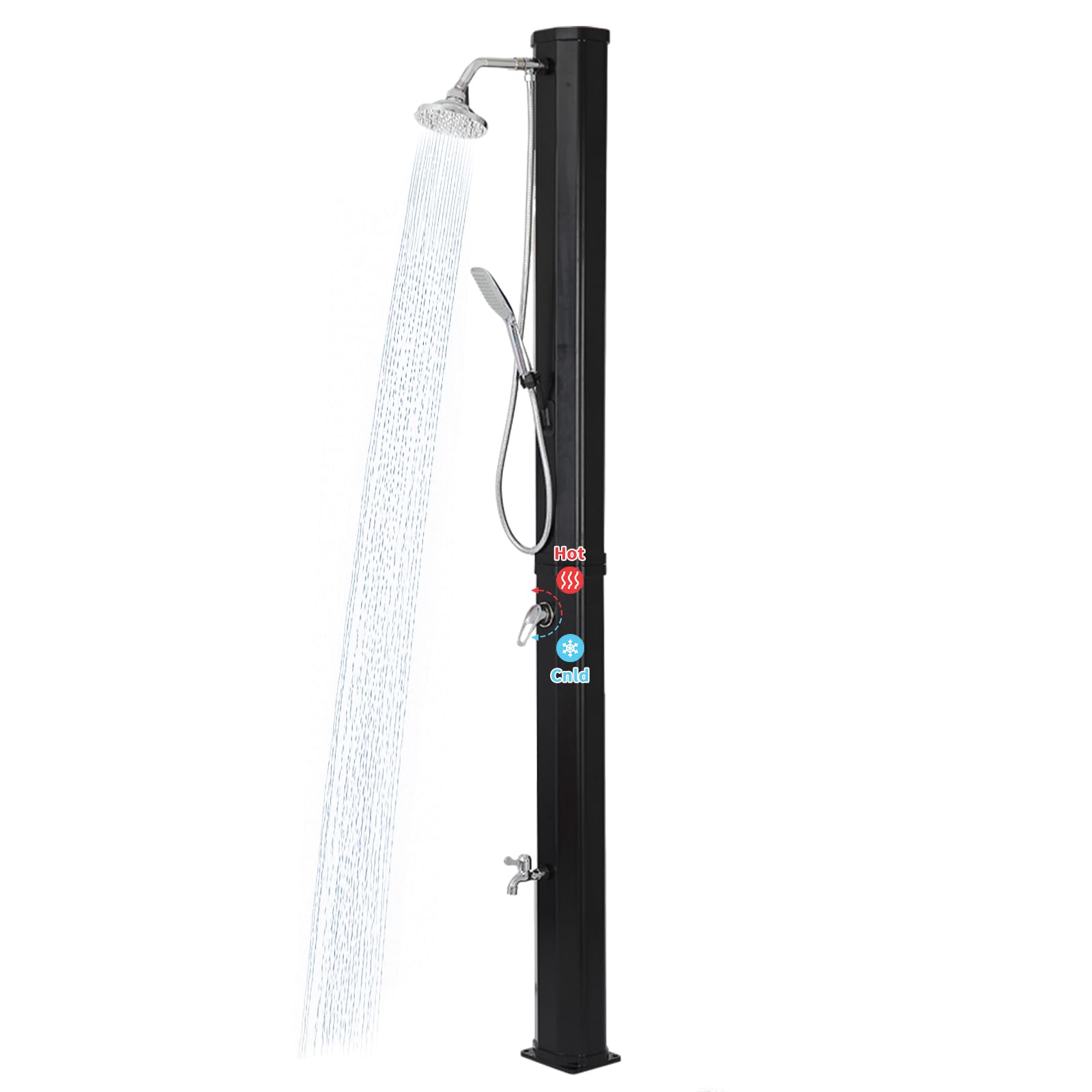 9.3 Gallon Solar Heated Outdoor Shower, 7.2FT Height, 360°Rotating Rainfall + 6FT Handheld Shower + Foot Faucet, Freestanding Black Poolside Shower with Hot & Cold Water Adjustment