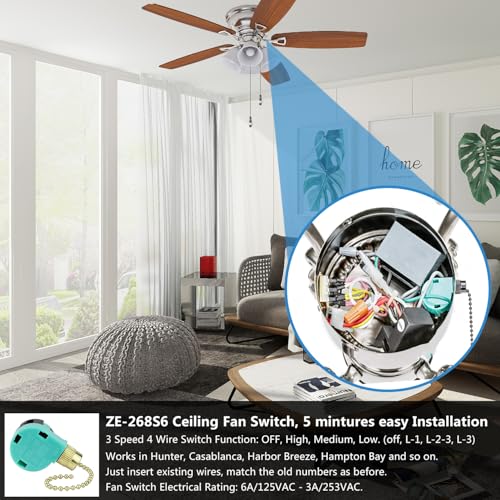 2PCS Ceiling Fans 3 Speed 4 Wire Pull Chain Switch Compatible with Hunter, Hampton Bay, Harbor Breeze, Westinghouse (Brass)
