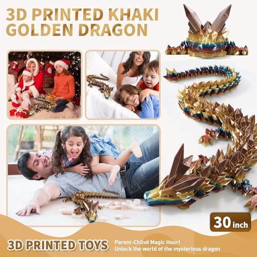 Large 3D Printed Dragon,30 Inch 3D Dragon Toys,Bigger Fidget Crystal Animals Toys, 3D Printed Articulated Animals for Home Office Car Desk Decor(Khaki Gold, 30 inch)