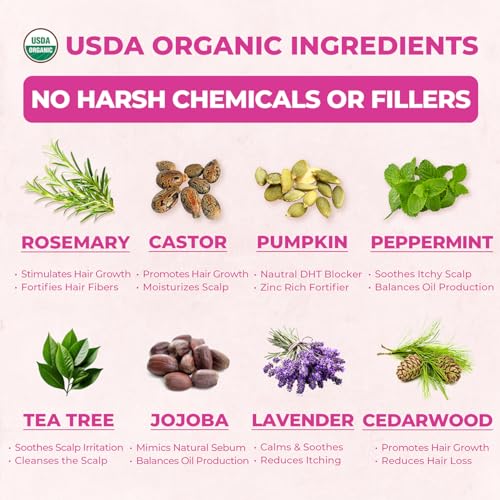 USDA Organic Rosemary Hair Oil for Hair Growth 4oz - Cold Pressed & Hexane Free Blend of Castor, Pumpkin Seed, Peppermint & Jojoba Oils - Thickening & Strengthening Hair Loss Treatment for Women & Men