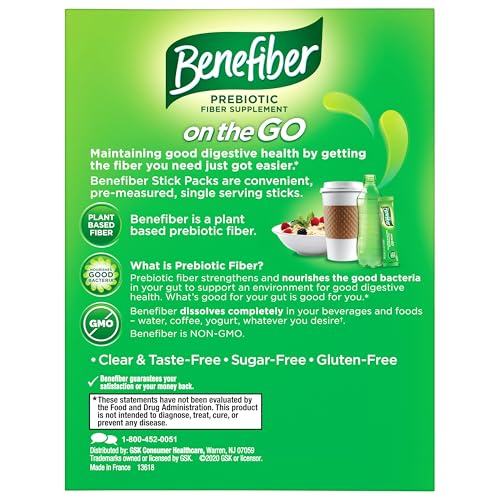 Benefiber On The Go Prebiotic Fiber Supplement Powder for Digestive Health, Daily Fiber, Unflavored Stick Packs - 36 Sticks (Pack of 2)