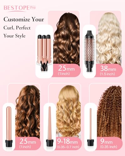 BESTOPE PRO 5 in 1 Curling Iron, Curling Wand Set with Negative Ion Thermal Brush and 4 Interchangeable Ceramic Curling Irons (0.35“-1.5”), Fast Heating Crimper Hair Tool in All Hair Type, Women Gifts