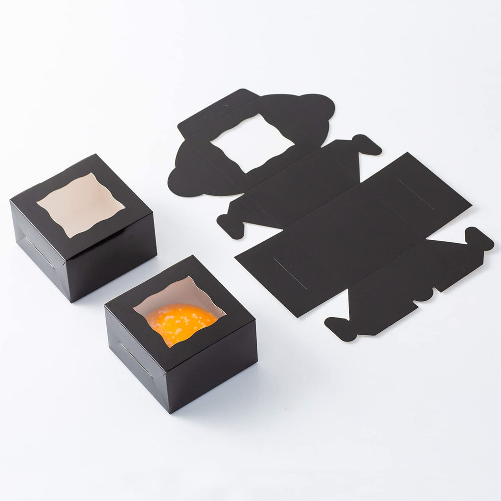 Bekoetoz 100Pcs Paper Cookie Boxes With Window Small Bakery Boxes 4x4x2.5 Inches Mini Cake Boxes For Pastries,Cupcakes,Desserts,Donuts,Chocolate Strawberries,Candy,Treat Boxes(4 * 4 * 2.5,Black)