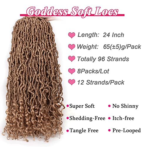Leeven 24 Inch Pre-looped Goddess Locs Crochet Hair 7 Packs Brown Curly Wavy New Faux Locs Twist Braiding Hair Long Synthetic Soft Locs Crochet Braids Hair With Curls At The Ends 12 Strands/Pack (27#)