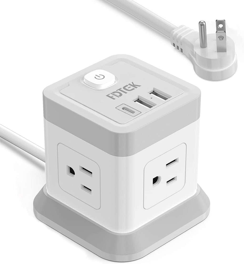 Power Strip with USB C, FDTEK Desktop Power Cube Strip, 10 FT Extension Cord with 4 Outlets and 3 USB, Compact Power Strips Tower for Travel Home Office Cruise Ship - White