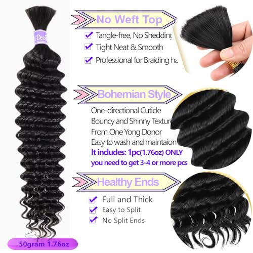 Human Braiding Hair Boho Braids Human Hair No Weft Micro Wet And Wave Braiding Hair 50g One Bundle/Pack (20 inch,Deep Wave Natural Black)