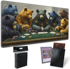 Playmats for Magic: The Gathering MTG Card Game Mat Plus 50 Pcs Card Sleeves, 24 x 14 inch TCG Mat with Stitched Edge for Commander Deck Duskmourn Board Game, Bears Play Poker