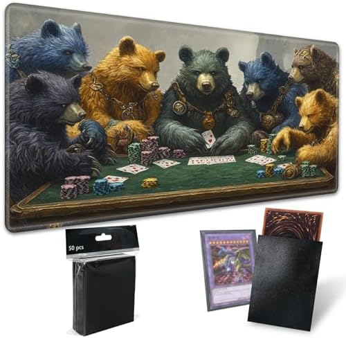 Playmats for Magic: The Gathering MTG Card Game Mat Plus 50 Pcs Card Sleeves, 24 x 14 inch TCG Mat with Stitched Edge for Commander Deck Duskmourn Board Game, Bears Play Poker
