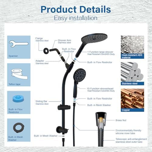 7.5" Rotatable Dual Shower Head with Handheld Combo, Kids Friendly Low 3-Way Diverter, Adjustable Slide Bar for Whole Family Use, Enjoy High Pressure Rainfall Spa Shower, Matt Black