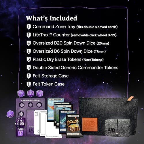 NERD GEAR Commander Essentials Kit - Ultimate Accessory for MTG Commander EDH - MTG Command Zone Tray - Health Counter - Spin Down Dice - Dry Erase Tokens (Mystic Purple)