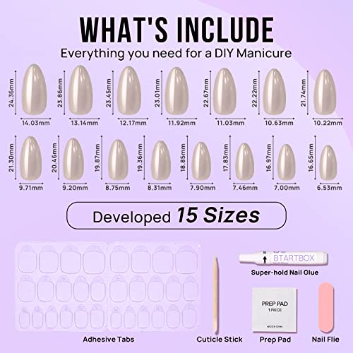 Press On Nails Medium - BTArtbox Almond Press On Nails, Glue On Nails with Nail Glue, Reusable Stick On Nails in 15 Sizes - 30 Soft Gel Fake Nails Kit, Nuts Glazed