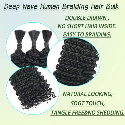 Human Braiding Hair for Boho Braids Synthetic Human Hair Mixed 150g 3 Bundles Deep Wave Bulk Human Hair for Braiding No Weft Curly Braiding Hair Bulk Hair Extensions Natural Color(24Inch)