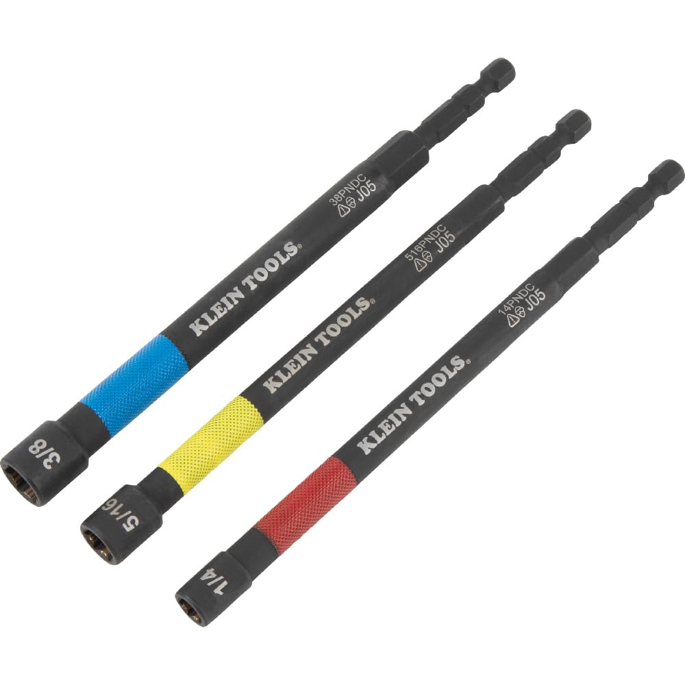 Klein Tools 65411PK3 Magnetic Color-Coded Power Nut Setter Set, 1/4-Inch Impact Hex Drive, 5-Inch Shaft, Extended Reach, 3-Piece