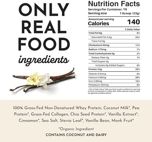 Just Ingredients Protein Powder | Vanilla Protein Powder Made with 100% Grass Fed, Non Denatured Whey | Four Different Protein Sources from Organic Whole Food Ingredients | 15 Servings | 22g Protein