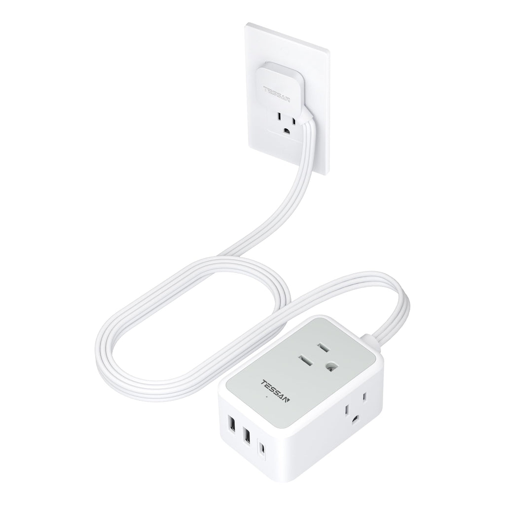 TESSAN Small Flat Plug Power Strip, Ultra Thin Extension Cord 5 ft, 3 AC Outlets with 3 USB Ports (1 USB C), Multiple Wall Outlet Extender for Cruise Travel Office School Dorm Room Essentials