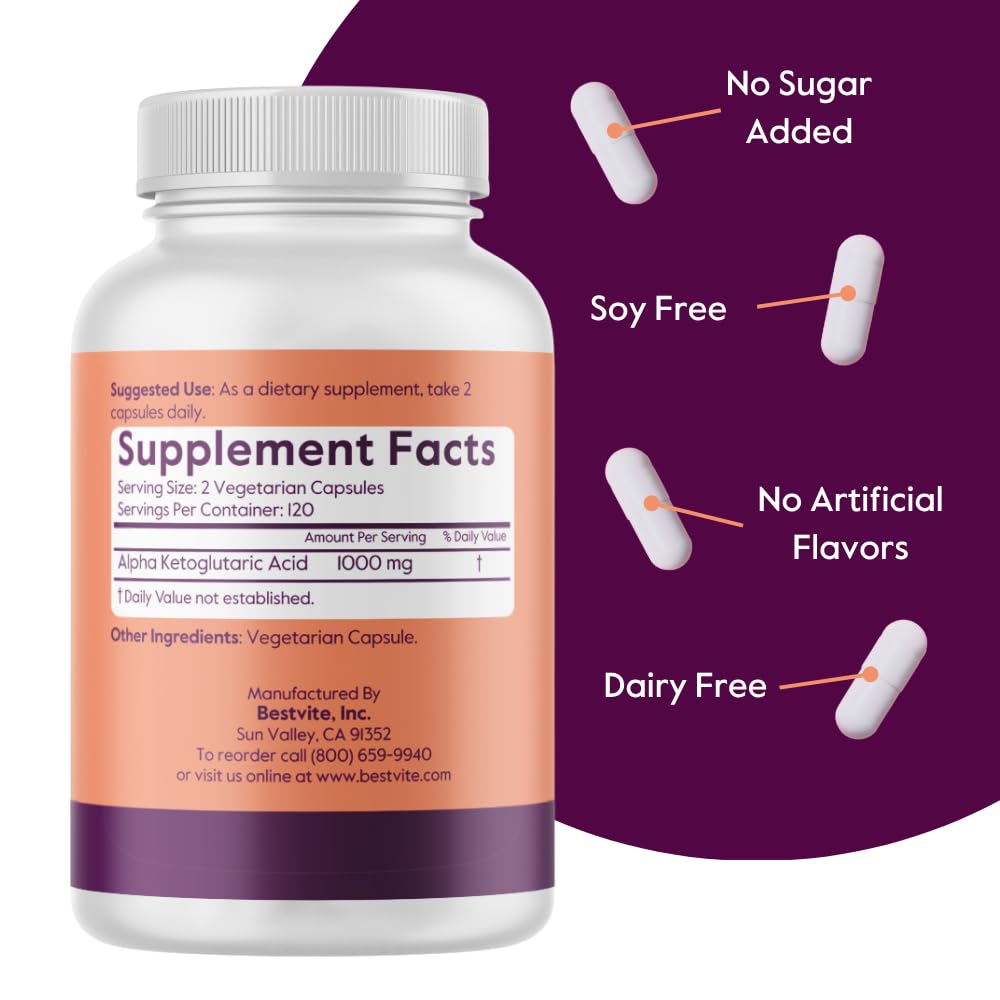 BESTVITE AKG (Alpha Ketoglutaric Acid) 1000mg per Serving (240 Veg Caps)