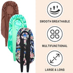 3Pcs Bonnets for Black Women Braid Bonnet, Large Long Satin Bonnet for Braids, Black Women Satin Silk Bonnet with Stretchy Tie Band Sleep Bonnet Cap for Long Curly Hair (Green & Black Pattern & Brown)