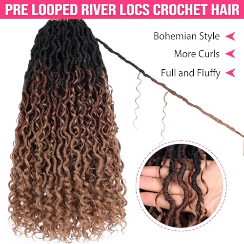 8Packs Goddess Locs Crochet Hair 18 Inch Ombre Faux Locs Crochet Hair with Curly Ends Pre-looped River Locs Crochet Braids Boho Hippie Locs Synthetic Hair Extensions(#1B3027)